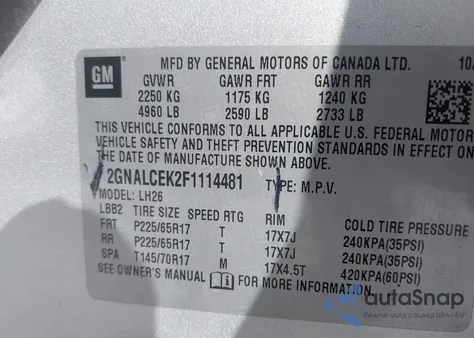 2015 Chevrolet Equinox 2Lt from USA, damaged, VIN 2GNALCEK2F1114481